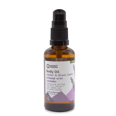 Ancient Wisdom rahustav kehaõli mustköömne, kastoorõli ja lavendliga 50ml pudelis